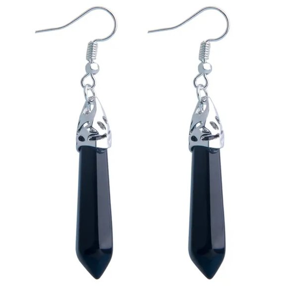 Black Obsidian Natural Stone Gemstone Hexagon Point Healing Dangle Earrings - Picture 1 of 3